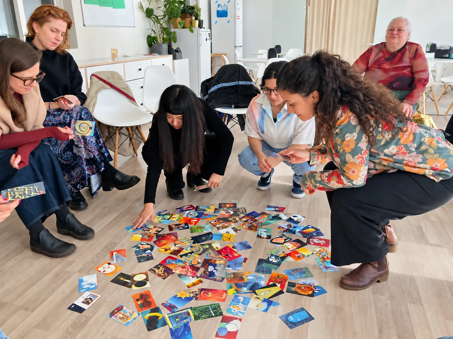 Participants exploring creative cards together at a Mental Bytes workshop