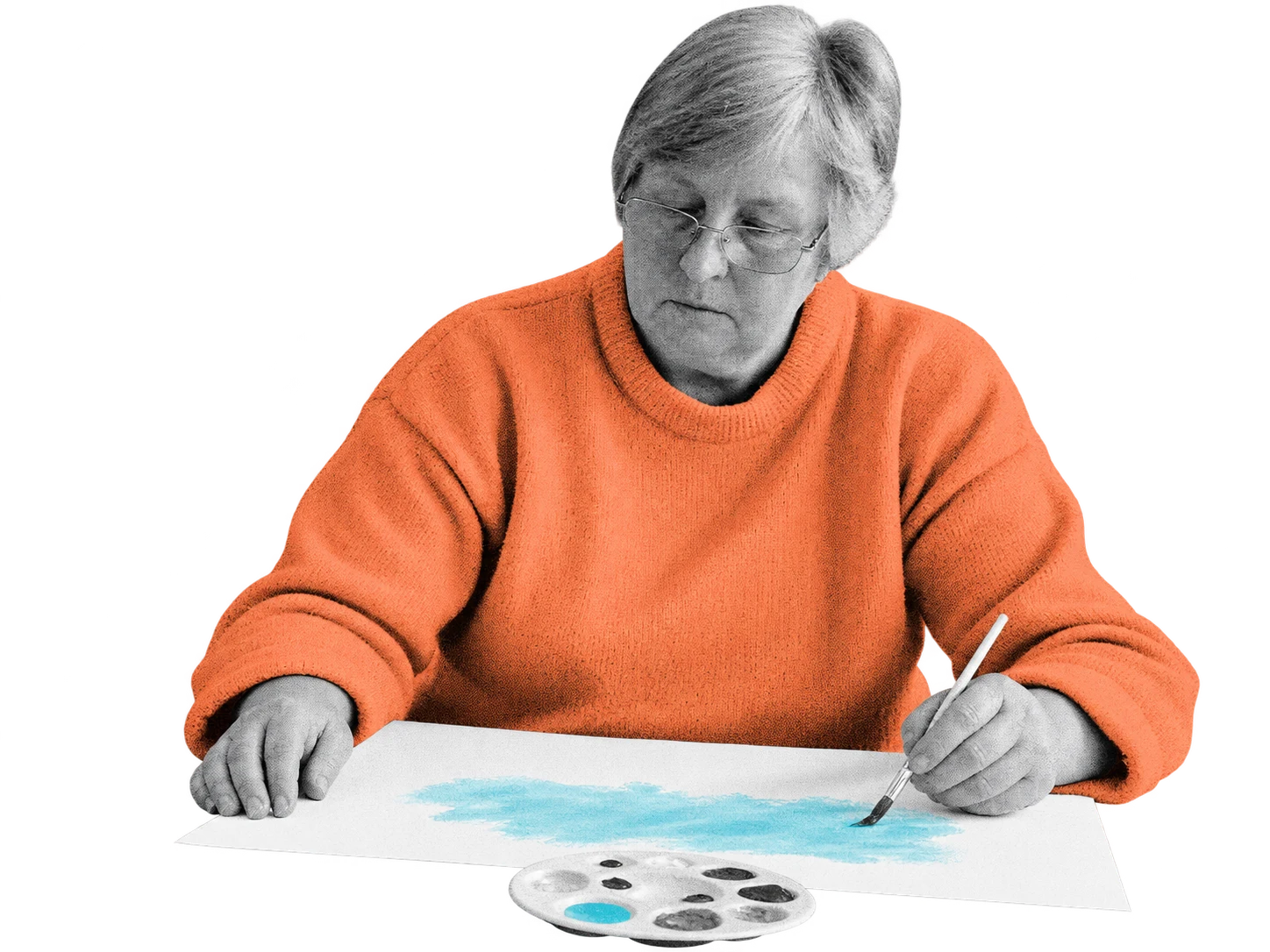 A photographic cutout of a Slí Eile participant painting, with an orange sweater and cyan brushwork