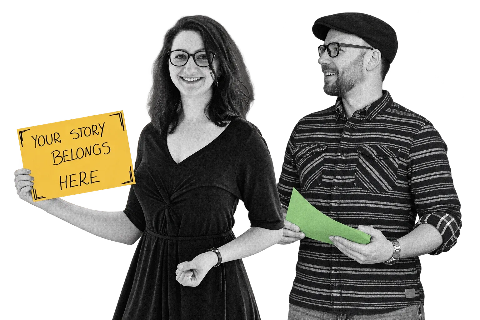 Two Mental Bytes photo cutouts: a woman on the left holding a yellow Your story belongs here sign, and a man on the right holding a green poetry page