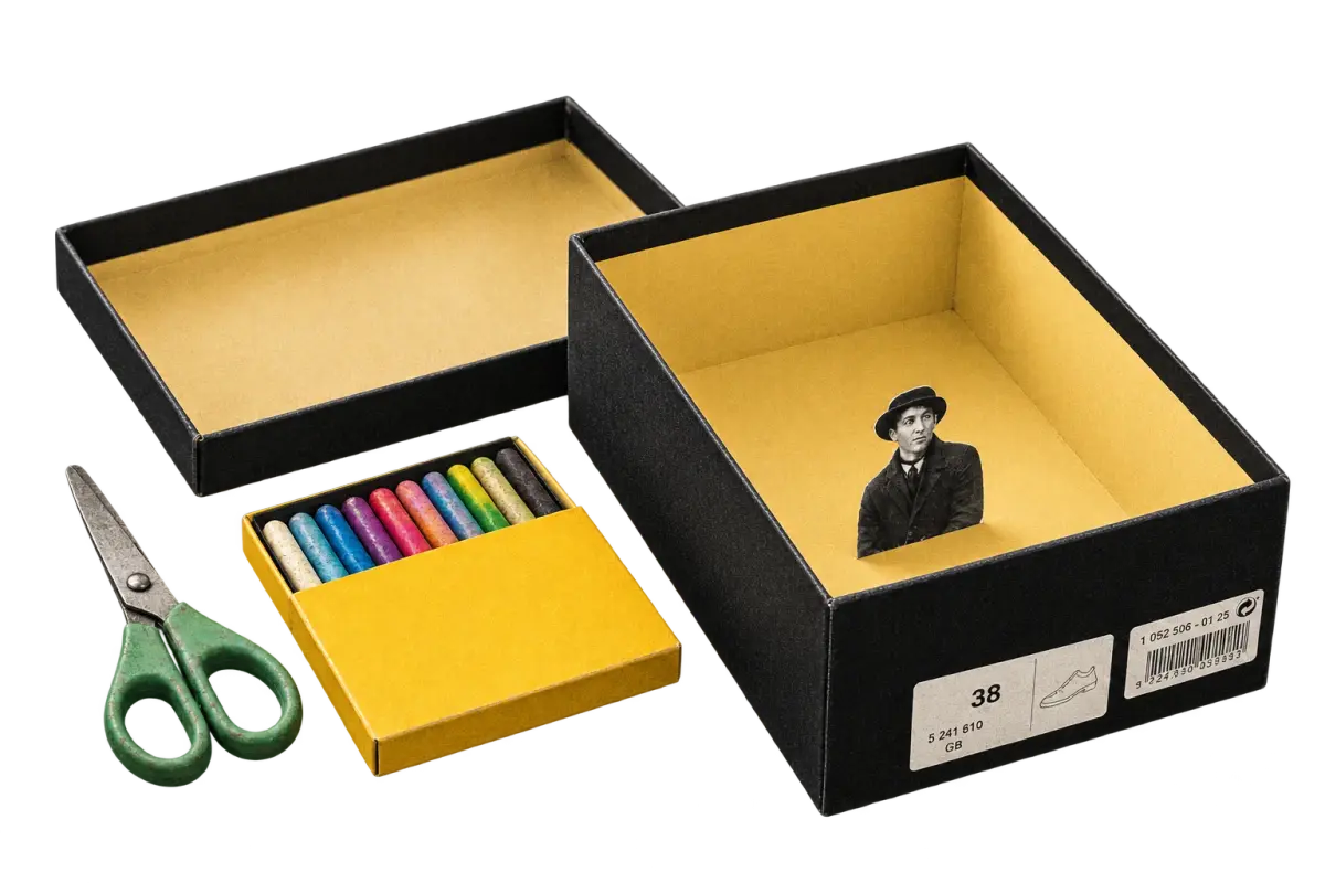 A shoebox collage, coloured pastels and scissors from a Mental Bytes Imaginarium workshop