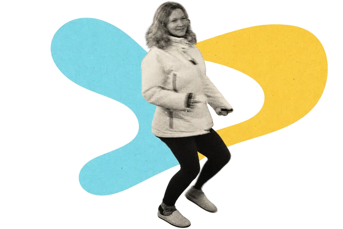 A photographic cutout of a participant dancing at the Mental Bytes IPS retreat, with cyan and yellow rhythm shapes